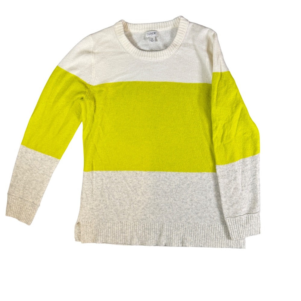 J.Crew Womens Colorblock Striped Crewneck Sweater Neon Yellow White Grey AR387 M